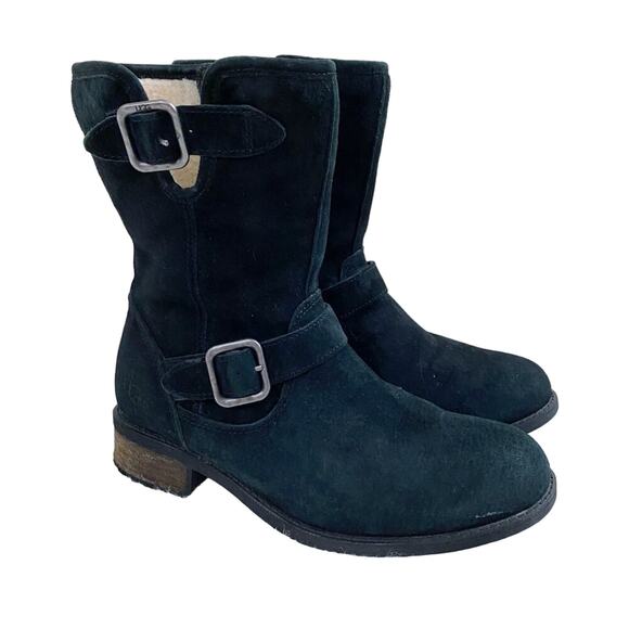 Ugg Black Suede Moto Boots Women's Size 6.5 Side Zip Shearling Lined Round Toe - Picture 10 of 10